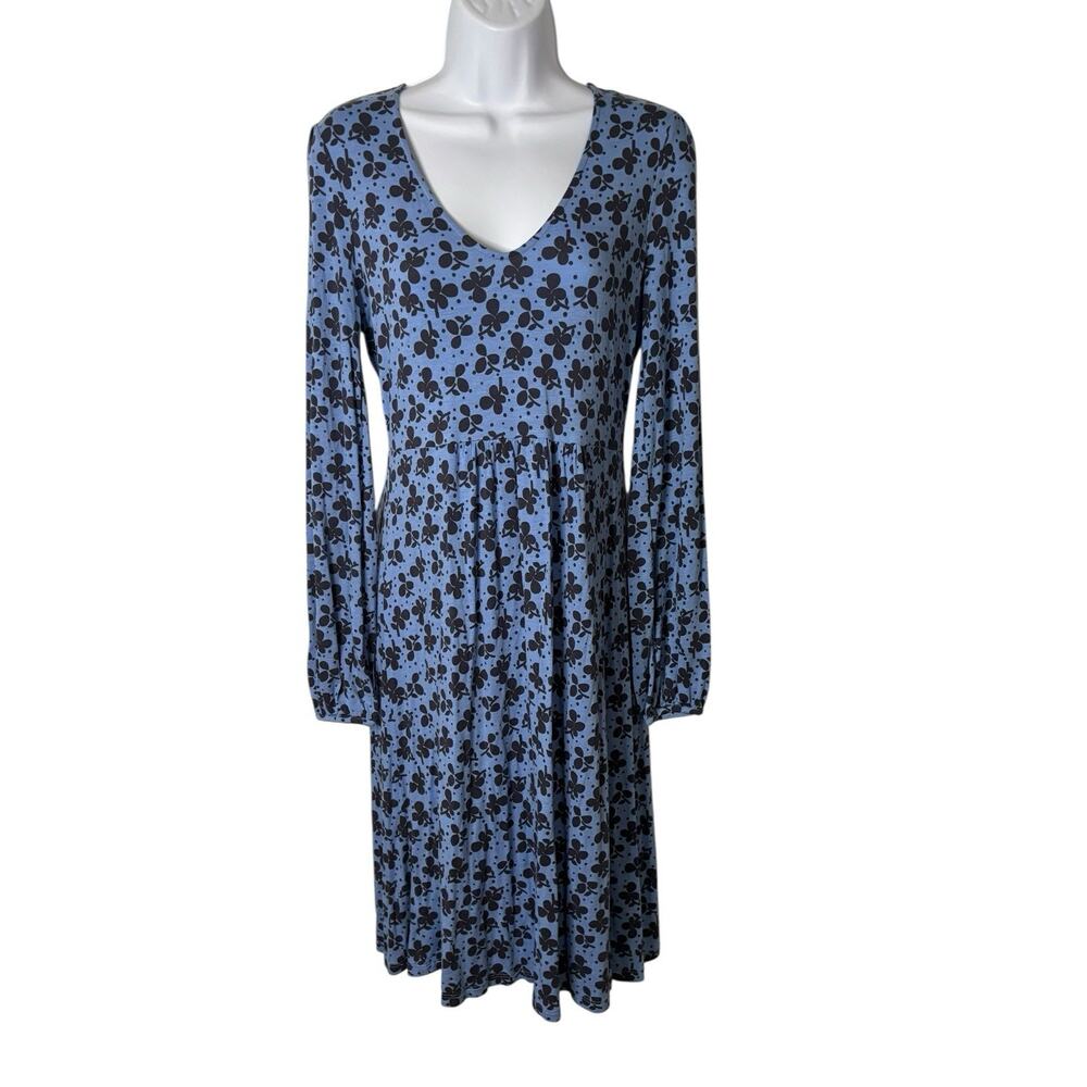 Boden Womens Dress Size 6L Long Sleeve Fit n Flare Blue Stretch Midi V Neck